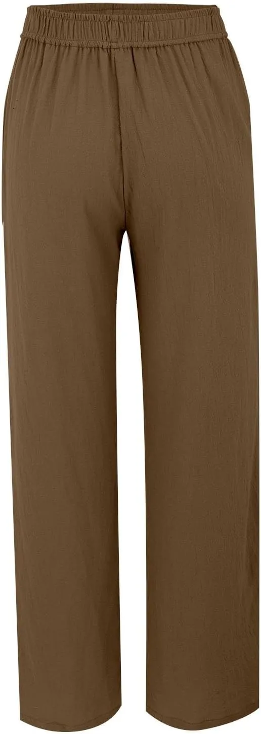 Womens Summer Fashion Linen Pants Solid Casual High Waist Loose Fitness Elastic Waist Trousers with Pockets