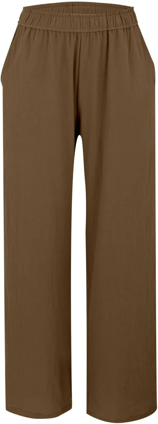 Womens Summer Fashion Linen Pants Solid Casual High Waist Loose Fitness Elastic Waist Trousers with Pockets