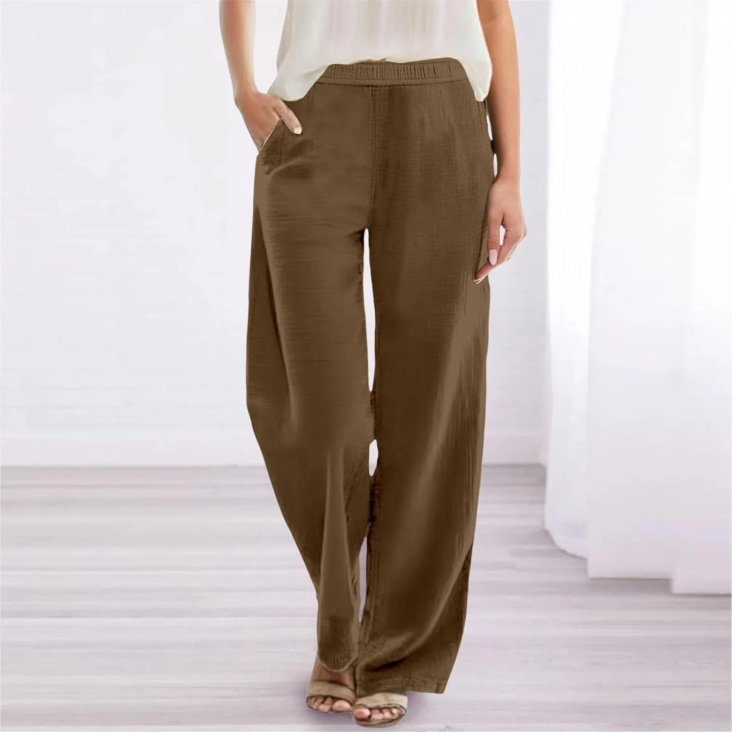 Womens Summer Fashion Linen Pants Solid Casual High Waist Loose Fitness Elastic Waist Trousers with Pockets