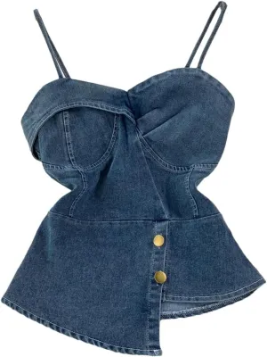 Women's Summer Sweet Crop Denim Camisole Stretchy Folds Irregular Camis Split Tank Tops