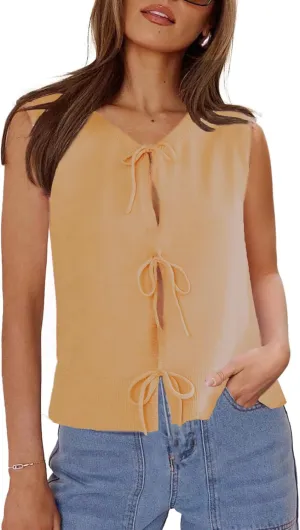 Womens Sweater Vest 2025 Summer Sleeveless Crewneck Tie Front Tops Bow Crochet Knit Vest Crop Tank Tops Trendy Vest