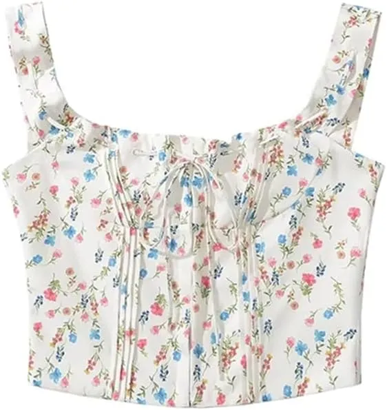 Women's Sweet Holiday Style Sleeveless Camisole Floral Printed Drawstring Pleated Short Slim Sling Top