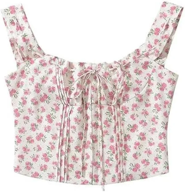 Women's Sweet Holiday Style Sleeveless Camisole Floral Printed Drawstring Pleated Short Slim Sling Top