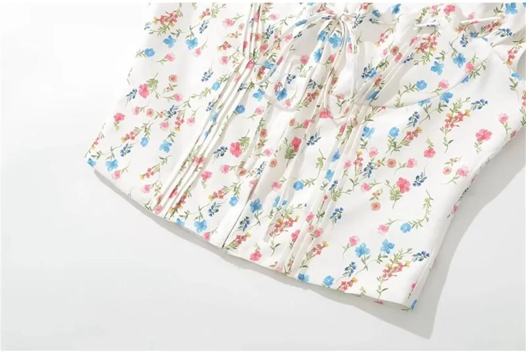 Women's Sweet Holiday Style Sleeveless Camisole Floral Printed Drawstring Pleated Short Slim Sling Top