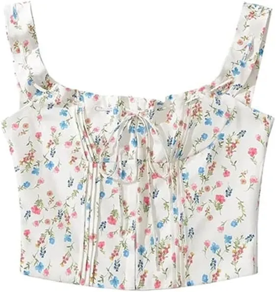 Women's Sweet Holiday Style Sleeveless Camisole Floral Printed Drawstring Pleated Short Slim Sling Top