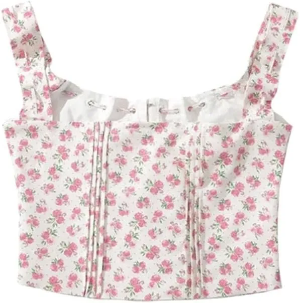Women's Sweet Holiday Style Sleeveless Camisole Floral Printed Drawstring Pleated Short Slim Sling Top