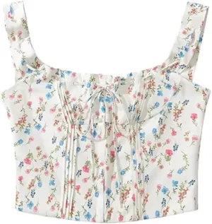 Women's Sweet Holiday Style Sleeveless Camisole Floral Printed Drawstring Pleated Short Slim Sling Top