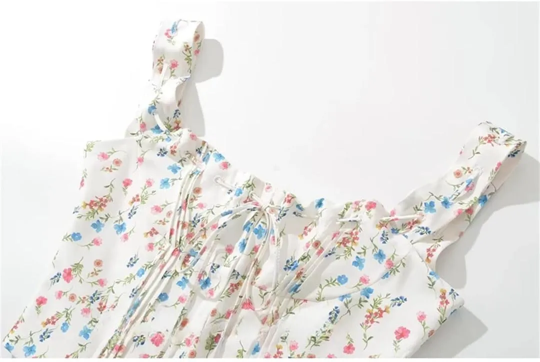 Women's Sweet Holiday Style Sleeveless Camisole Floral Printed Drawstring Pleated Short Slim Sling Top