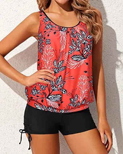 Womens Swimsuits Side Ties Blouson Tankini Swimsuits-Red Floral