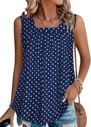 Womens Tank Tops Summer Square Neck Pleated Sleeveless Top Casual Loose Fit Basic Shirts