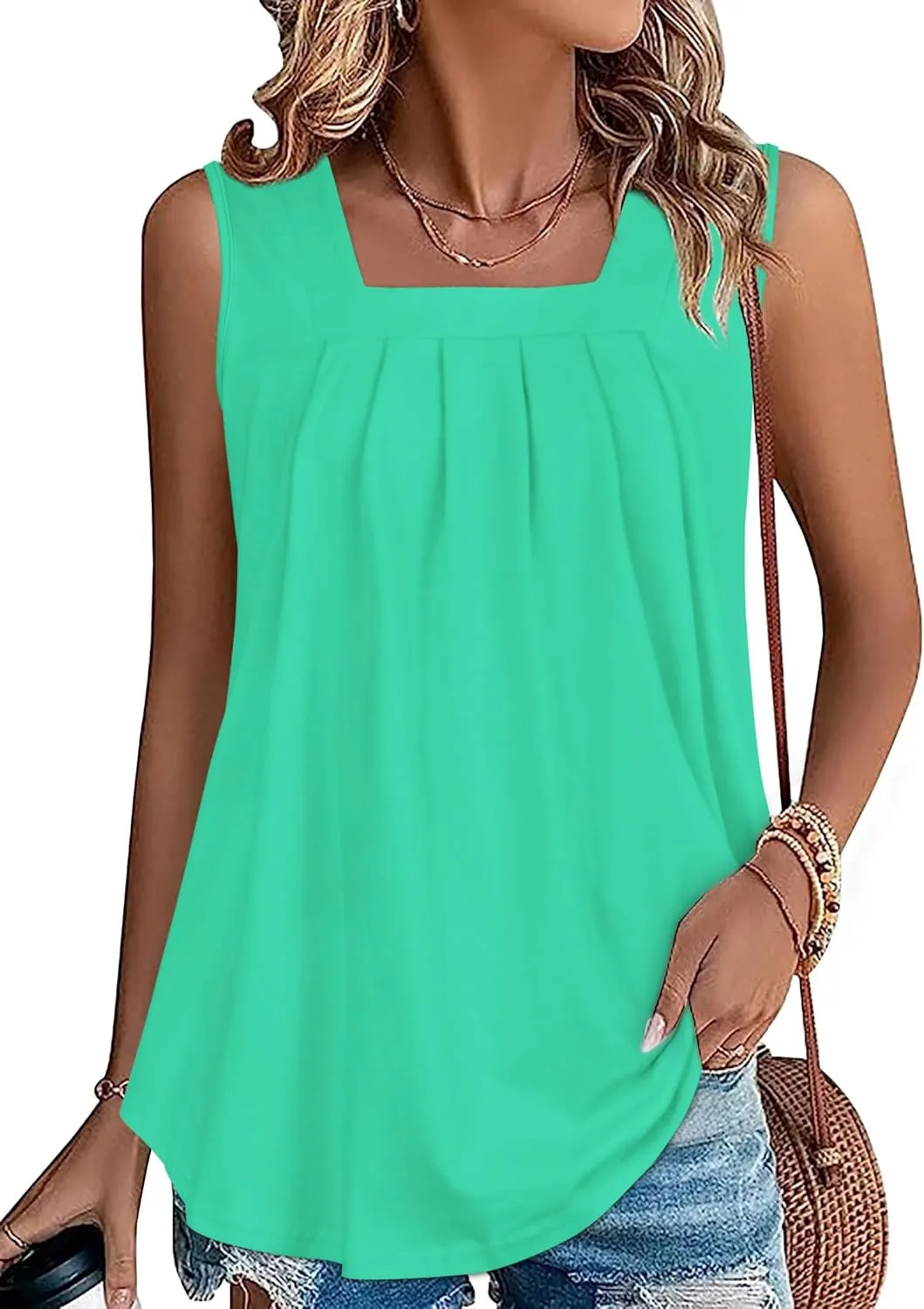Womens Tank Tops Summer Square Neck Pleated Sleeveless Top Casual Loose Fit Basic Shirts