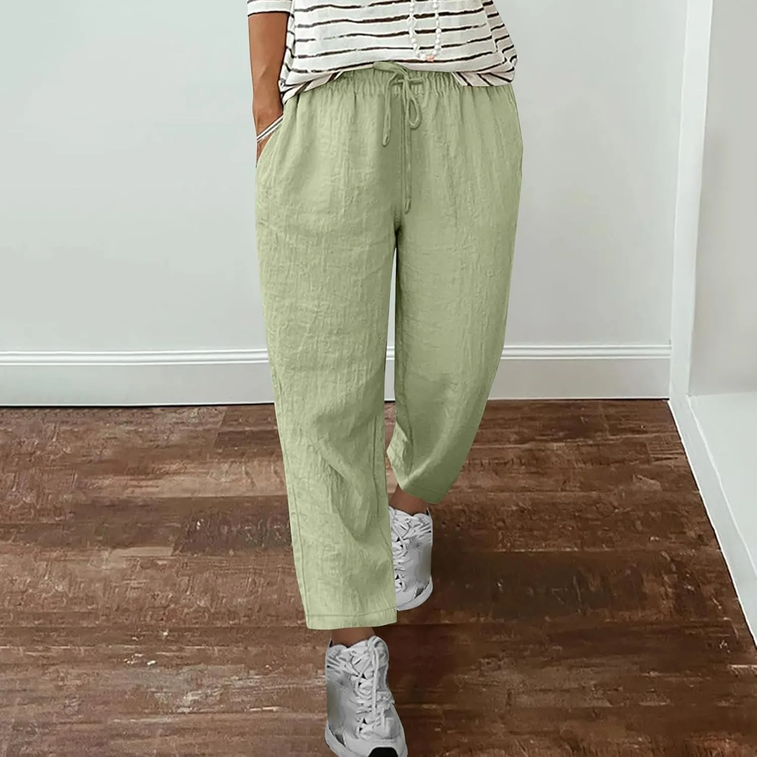 Womens Tapered Pants Cotton Linen Drawstring Elastic Waist Pants Summer Casual Trousers Plus Size Slacks with Pockets
