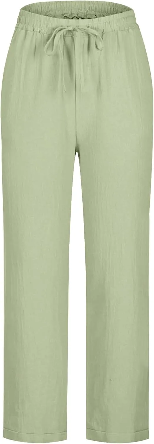 Womens Tapered Pants Cotton Linen Drawstring Elastic Waist Pants Summer Casual Trousers Plus Size Slacks with Pockets