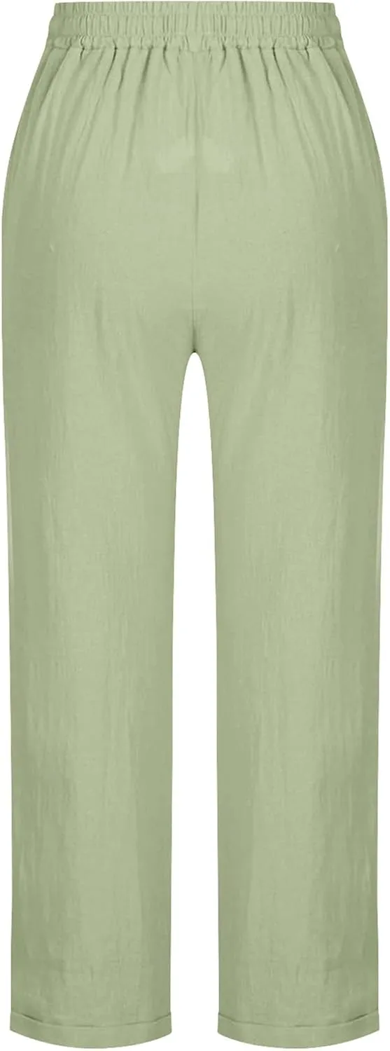 Womens Tapered Pants Cotton Linen Drawstring Elastic Waist Pants Summer Casual Trousers Plus Size Slacks with Pockets