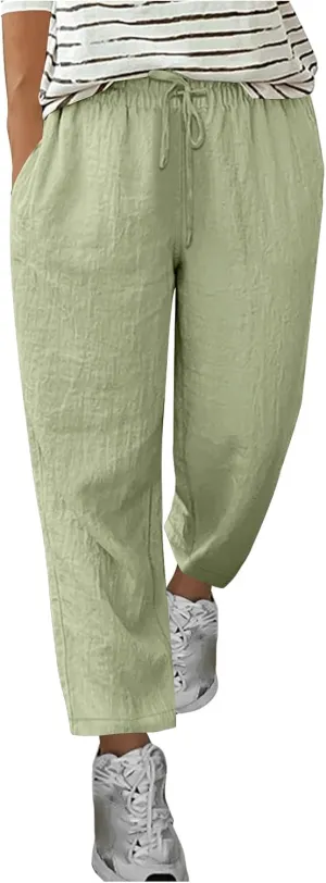 Womens Tapered Pants Cotton Linen Drawstring Elastic Waist Pants Summer Casual Trousers Plus Size Slacks with Pockets