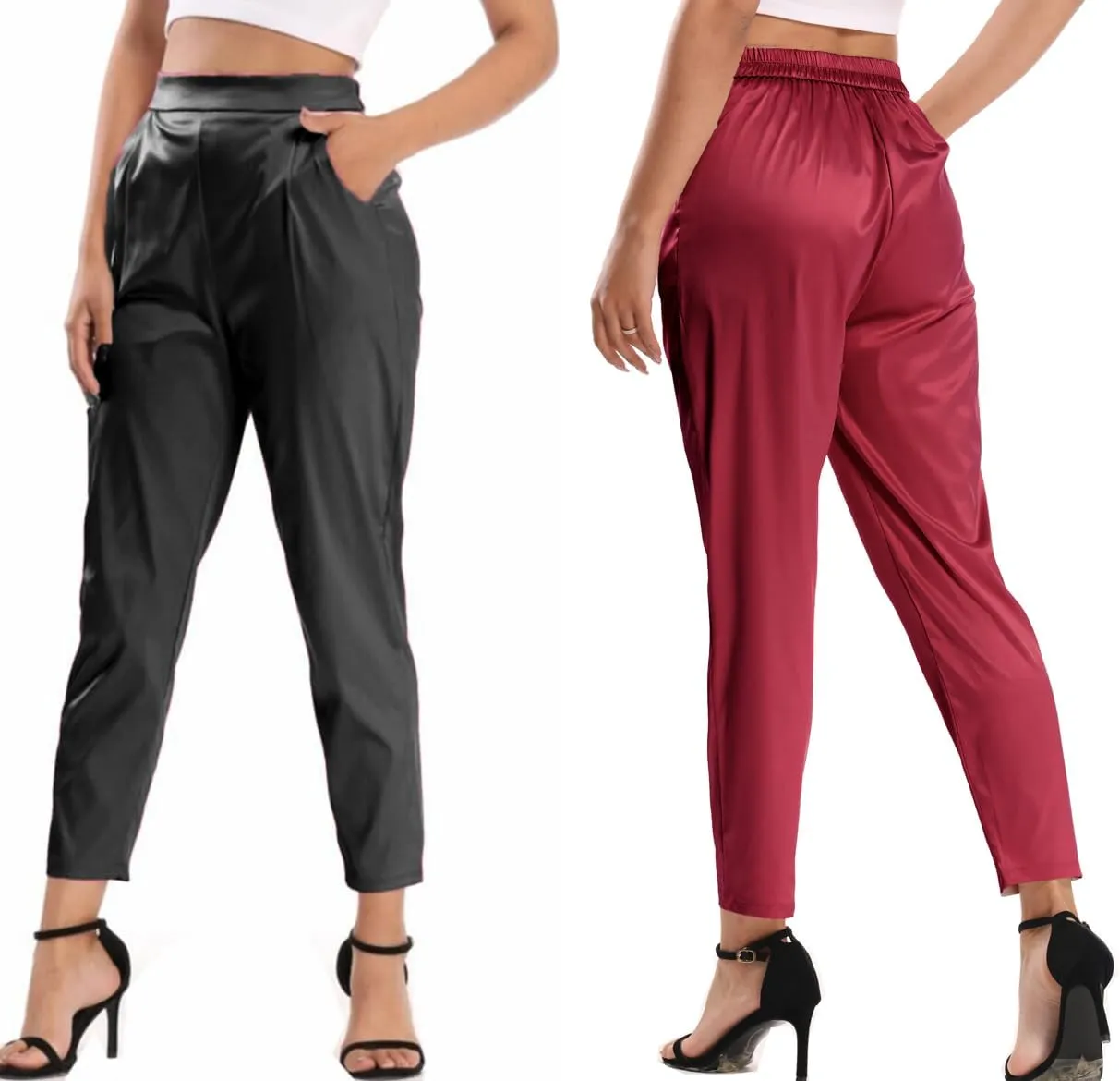 Women's Tapered Satin Pants Elastic Waist Business Work Casual Ankle Cropped Shiny Pants with Pockets