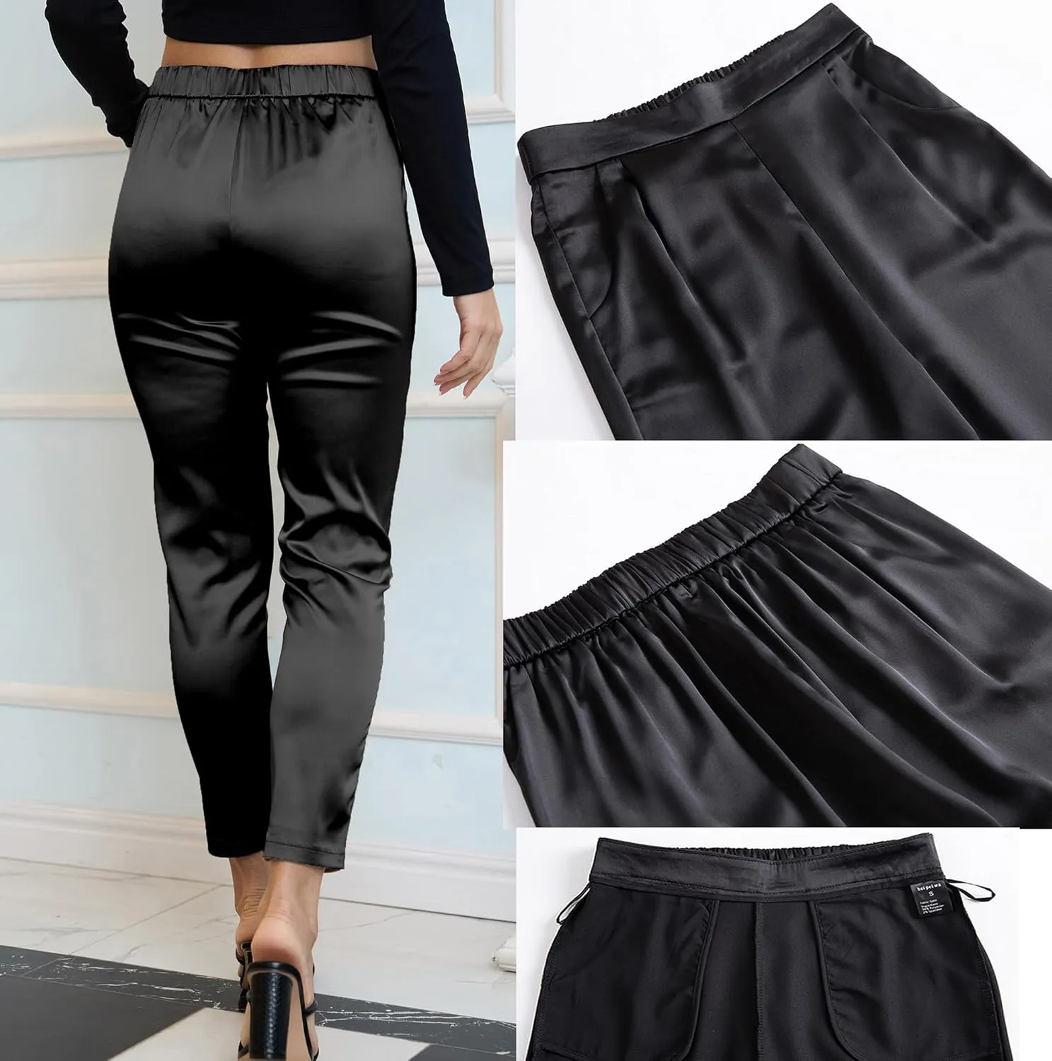 Women's Tapered Satin Pants Elastic Waist Business Work Casual Ankle Cropped Shiny Pants with Pockets
