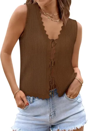 Womens Tie Front Tops Trendy 2025 Summer V Neck Sleeveless Sweater Vests Fashion Cute Crochet Knit Tops