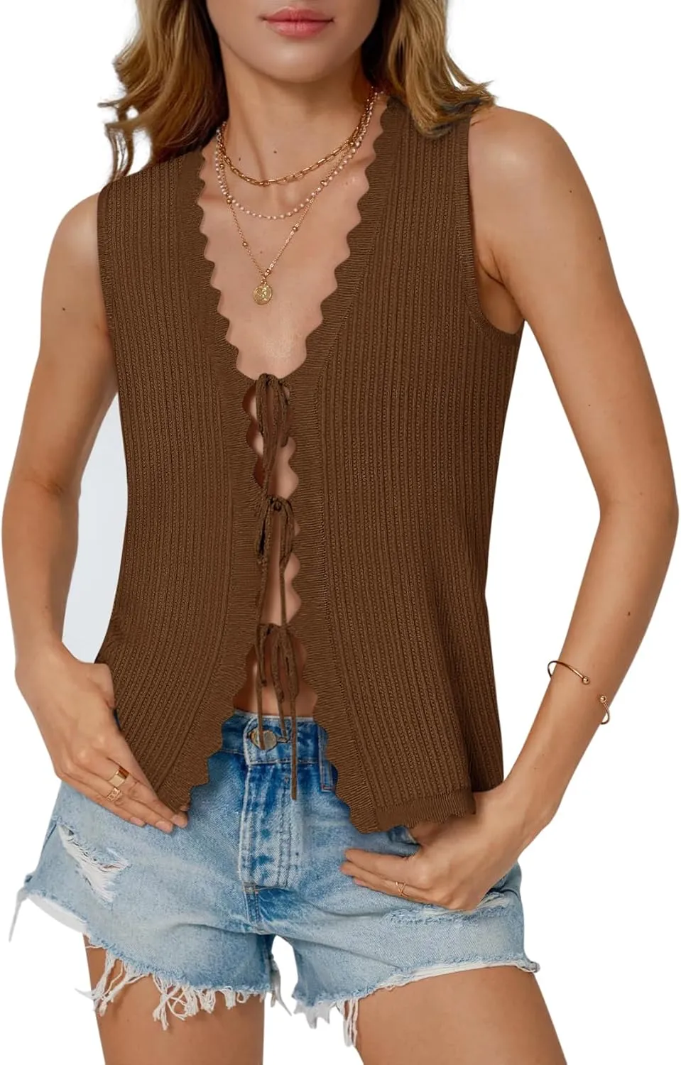 Womens Tie Front Tops Trendy 2025 Summer V Neck Sleeveless Sweater Vests Fashion Cute Crochet Knit Tops