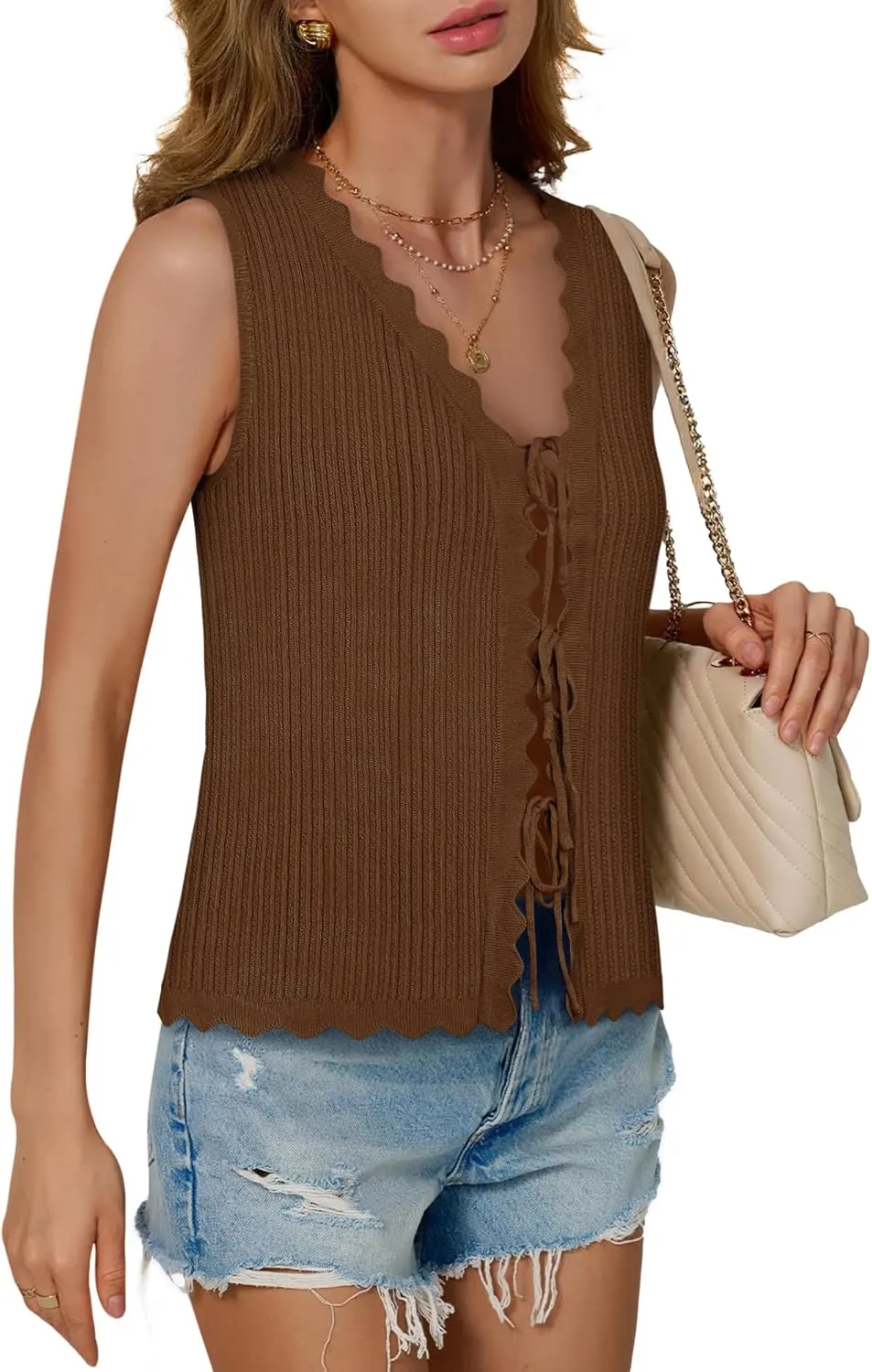 Womens Tie Front Tops Trendy 2025 Summer V Neck Sleeveless Sweater Vests Fashion Cute Crochet Knit Tops