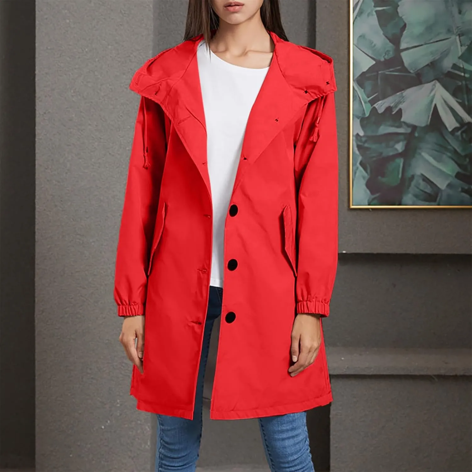 Womens Trench Coat Mid Length Hooded Cuffed Sleeve Rain Jacket Button Long Windproof Rain Coat with Pockets Outdoor