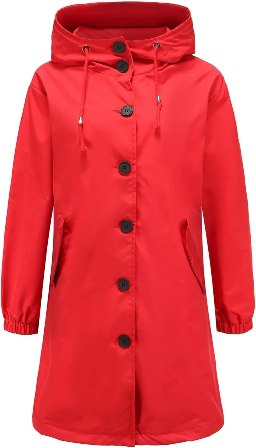 Womens Trench Coat Mid Length Hooded Cuffed Sleeve Rain Jacket Button Long Windproof Rain Coat with Pockets Outdoor