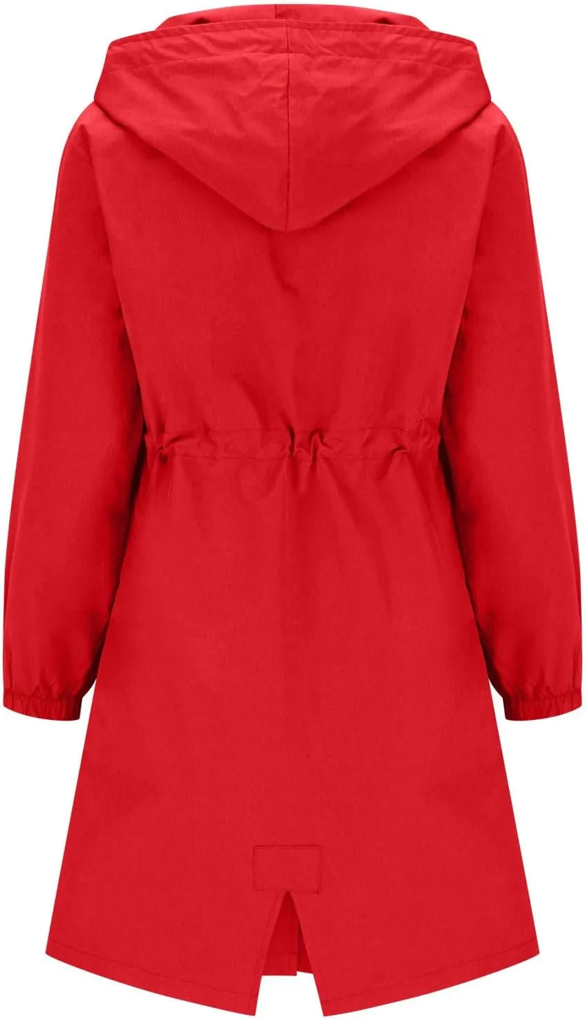 Womens Trench Coat Mid Length Hooded Cuffed Sleeve Rain Jacket Button Long Windproof Rain Coat with Pockets Outdoor