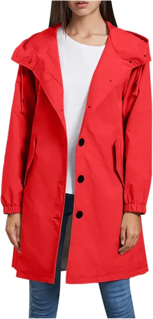 Womens Trench Coat Mid Length Hooded Cuffed Sleeve Rain Jacket Button Long Windproof Rain Coat with Pockets Outdoor