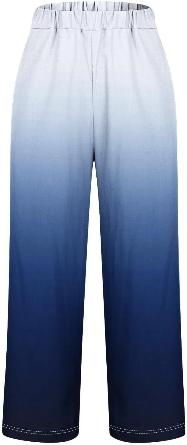 Women's Trendy Linen Pants Gradient Summer Casual Elastic Waist Wide Leg Crop Pants Comfy Beach Lounge Trousers with Pockets