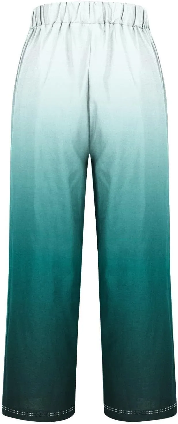 Women's Trendy Linen Pants Gradient Summer Casual Elastic Waist Wide Leg Crop Pants Comfy Beach Lounge Trousers with Pockets