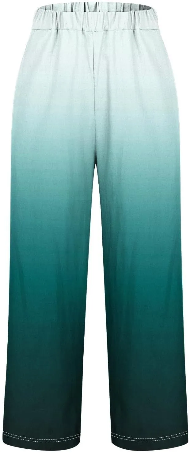 Women's Trendy Linen Pants Gradient Summer Casual Elastic Waist Wide Leg Crop Pants Comfy Beach Lounge Trousers with Pockets