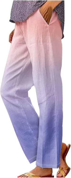 Women's Trendy Linen Pants Gradient Summer Casual Elastic Waist Wide Leg Crop Pants Comfy Beach Lounge Trousers with Pockets