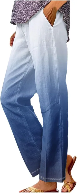 Women's Trendy Linen Pants Gradient Summer Casual Elastic Waist Wide Leg Crop Pants Comfy Beach Lounge Trousers with Pockets