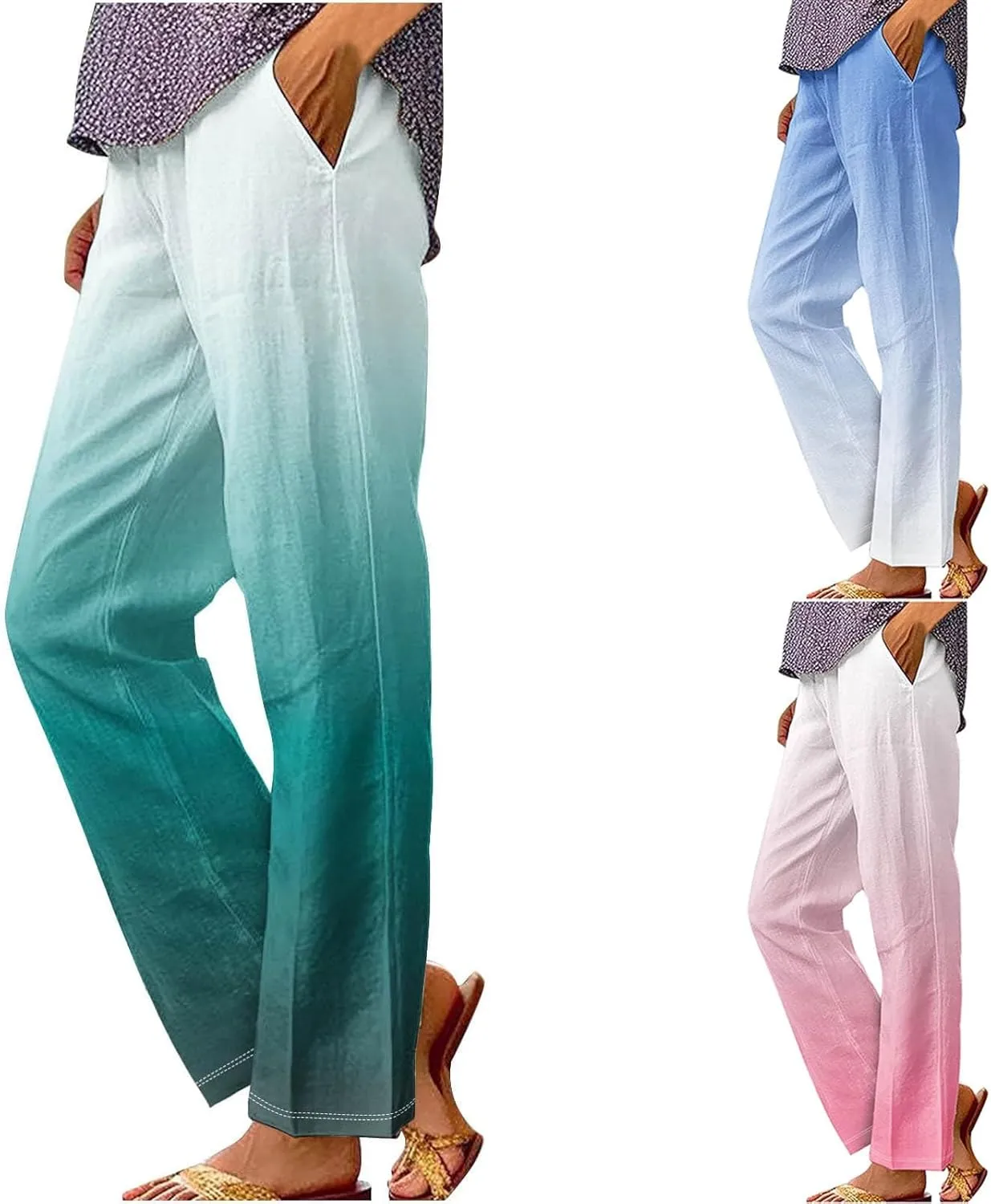 Women's Trendy Linen Pants Gradient Summer Casual Elastic Waist Wide Leg Crop Pants Comfy Beach Lounge Trousers with Pockets