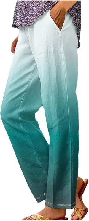 Women's Trendy Linen Pants Gradient Summer Casual Elastic Waist Wide Leg Crop Pants Comfy Beach Lounge Trousers with Pockets