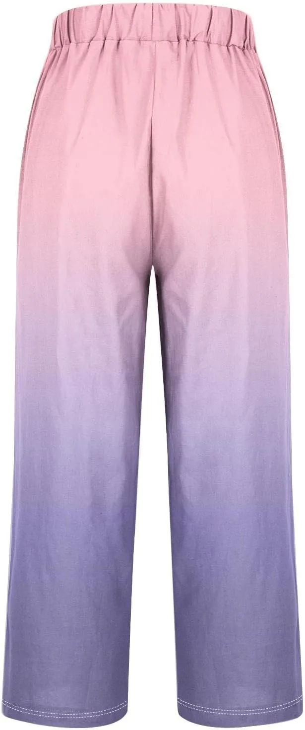 Women's Trendy Linen Pants Gradient Summer Casual Elastic Waist Wide Leg Crop Pants Comfy Beach Lounge Trousers with Pockets
