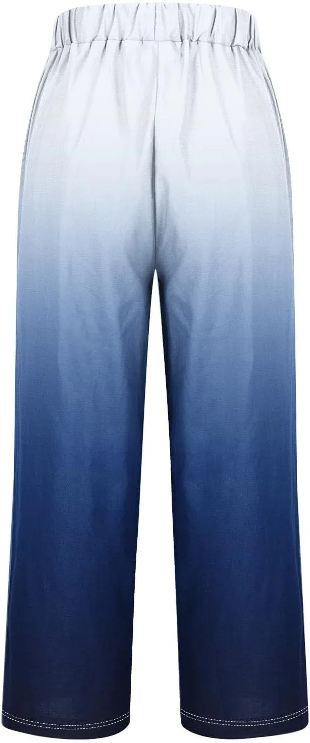 Women's Trendy Linen Pants Gradient Summer Casual Elastic Waist Wide Leg Crop Pants Comfy Beach Lounge Trousers with Pockets