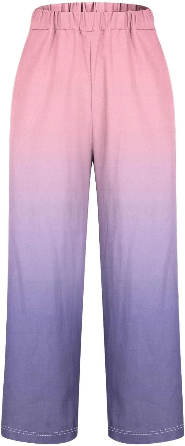Women's Trendy Linen Pants Gradient Summer Casual Elastic Waist Wide Leg Crop Pants Comfy Beach Lounge Trousers with Pockets