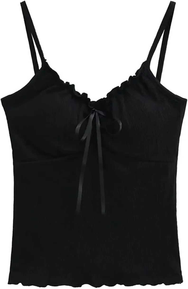 Women's V-Neck Sleeveless Camisole Ruffled Front Lace-Up Built-in Chest Pads Slim Fit Casual Tank Top Sy