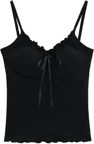 Women's V-Neck Sleeveless Camisole Ruffled Front Lace-Up Built-in Chest Pads Slim Fit Casual Tank Top Sy