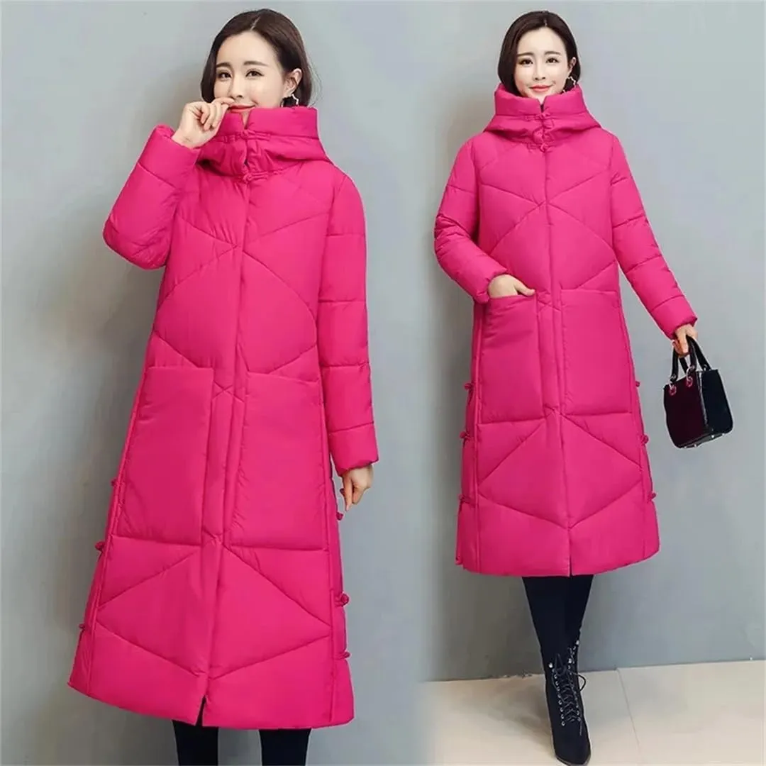 Womens Vintage Thicken Warm Cotton-Padded Coats Long Winter Jacket Casual Hooded Down Cotton Coat Puffer Parkas