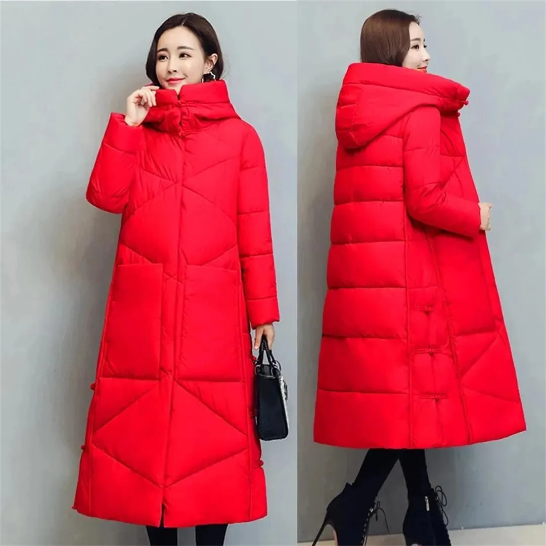 Womens Vintage Thicken Warm Cotton-Padded Coats Long Winter Jacket Casual Hooded Down Cotton Coat Puffer Parkas