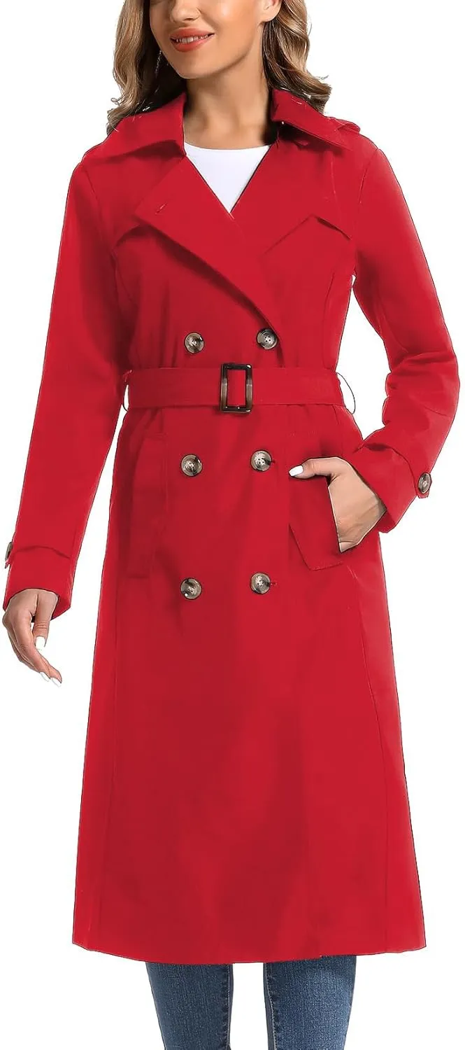 Women's Waterproof Long Trench Coat Double Breasted Length Classic Lapel Belt Coat With Removable Hood
