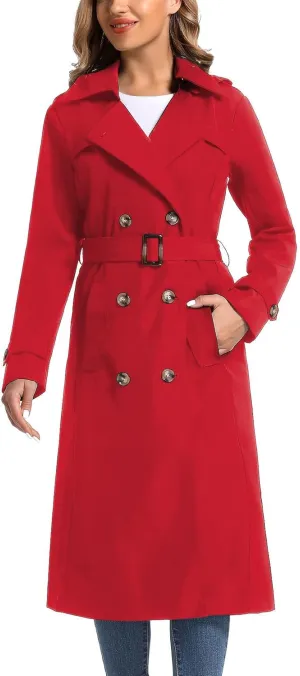Women's Waterproof Long Trench Coat Double Breasted Length Classic Lapel Belt Coat With Removable Hood