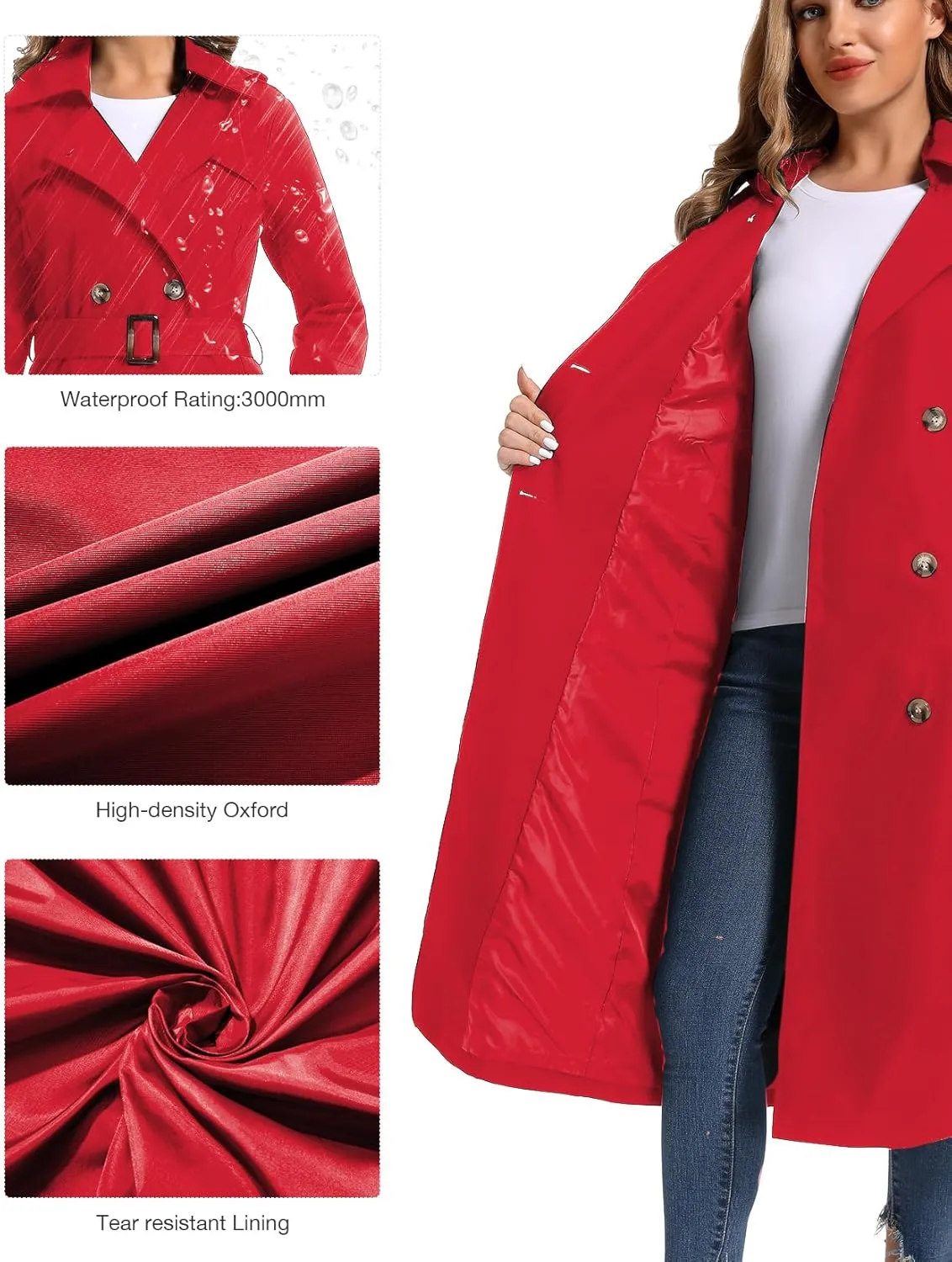 Women's Waterproof Long Trench Coat Double Breasted Length Classic Lapel Belt Coat With Removable Hood