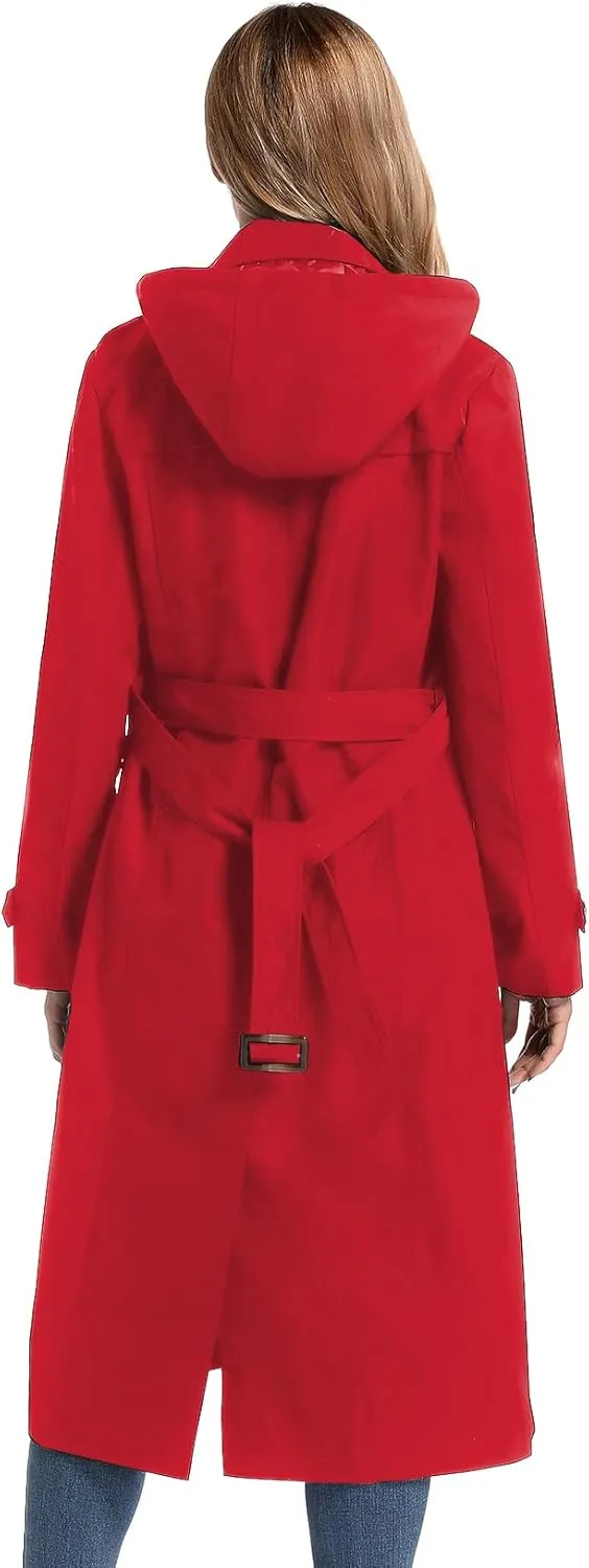 Women's Waterproof Long Trench Coat Double Breasted Length Classic Lapel Belt Coat With Removable Hood