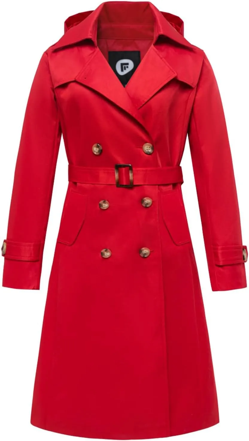 Women's Waterproof Long Trench Coat Double Breasted Length Classic Lapel Belt Coat With Removable Hood