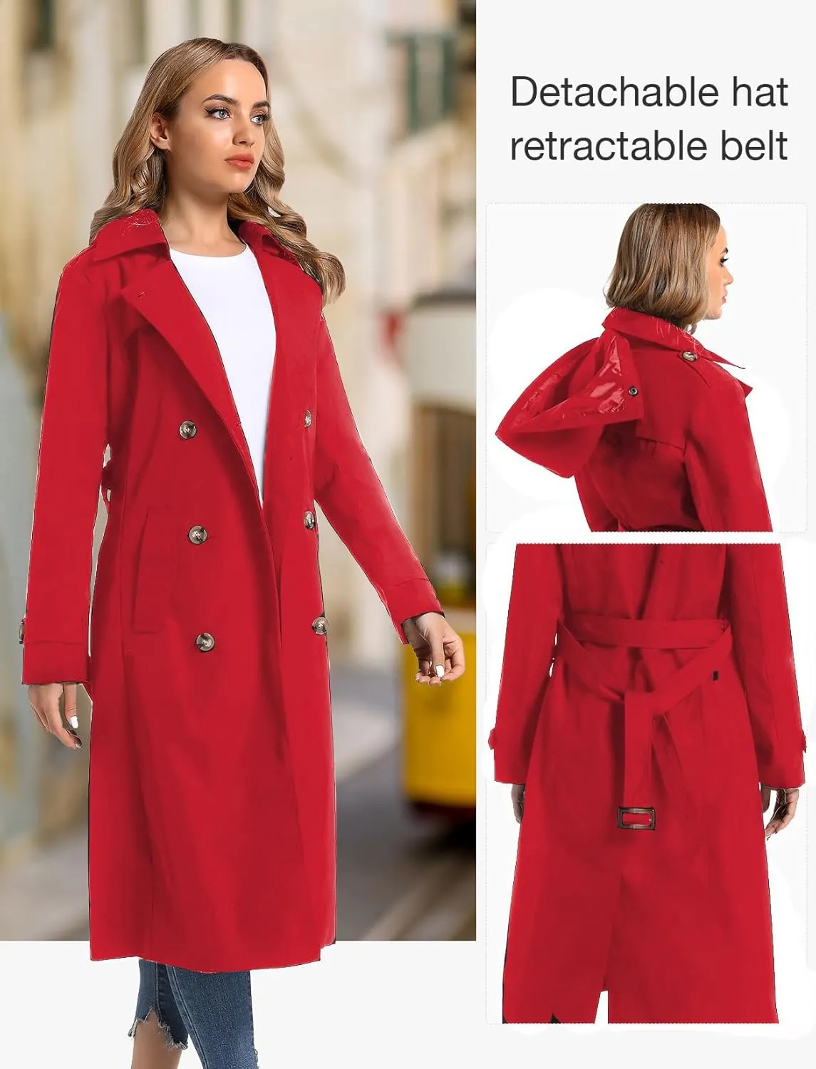 Women's Waterproof Long Trench Coat Double Breasted Length Classic Lapel Belt Coat With Removable Hood