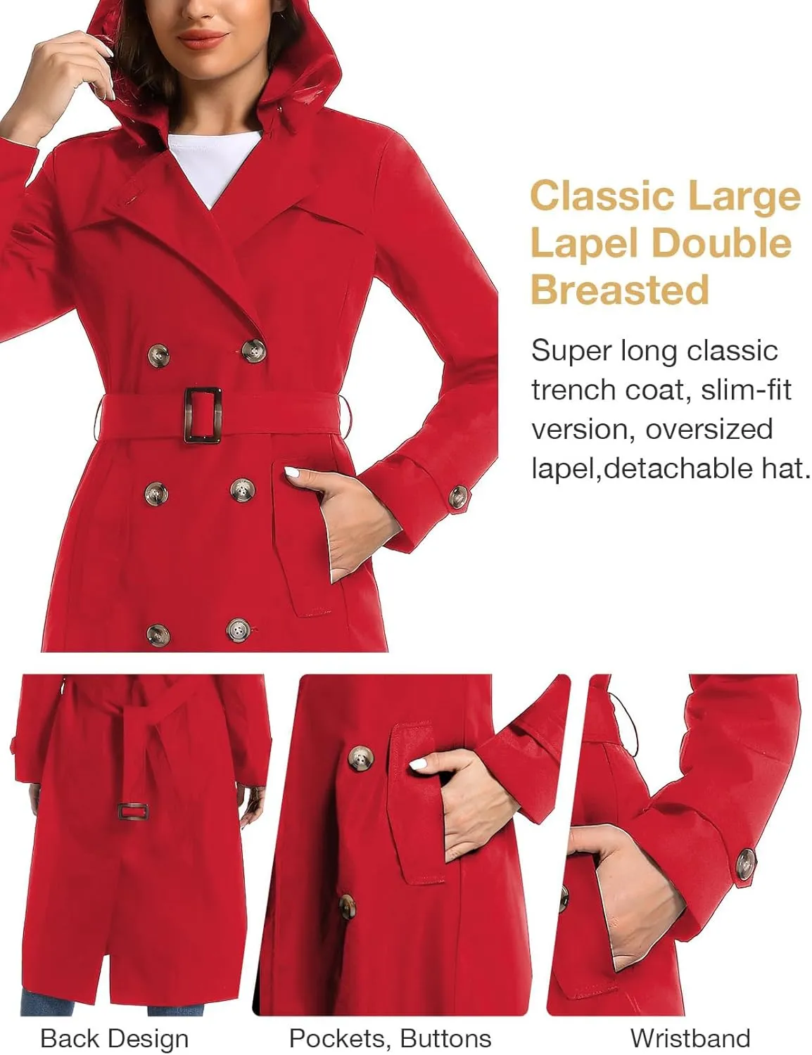 Women's Waterproof Long Trench Coat Double Breasted Length Classic Lapel Belt Coat With Removable Hood