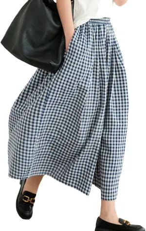 Womens Wide Leg Elastic Waist Cotton Linen Pants Summer Casual Plaid Flowy Baggy Capri Palazzo Pants with Pockets